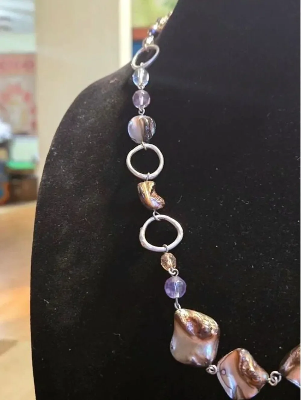 Lia Sophia Silver Tone Necklace with Mother of Pearl and Glass Beads